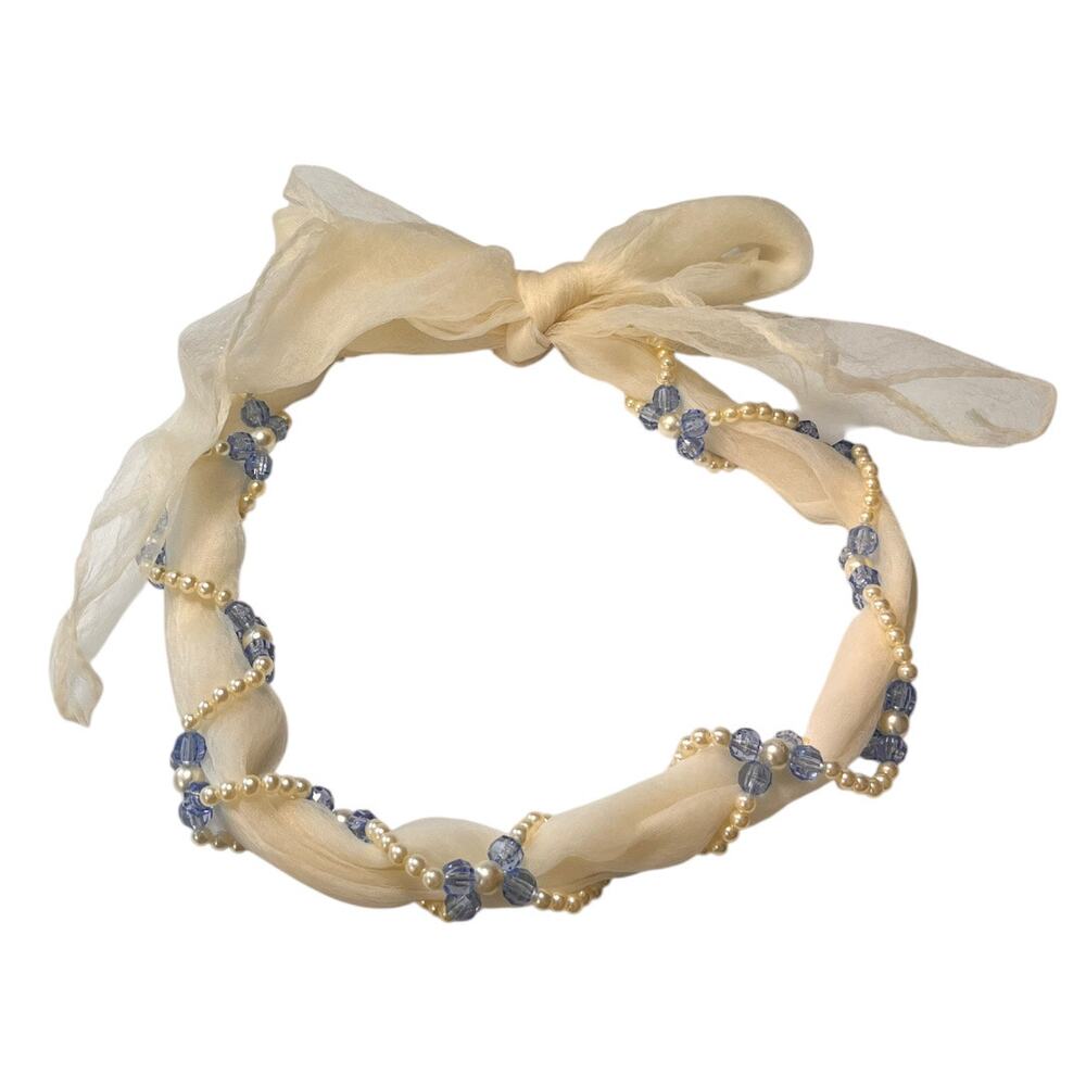 Vintage  1960s Womens Scarf Beaded Blue White Coquette Hair Necklace